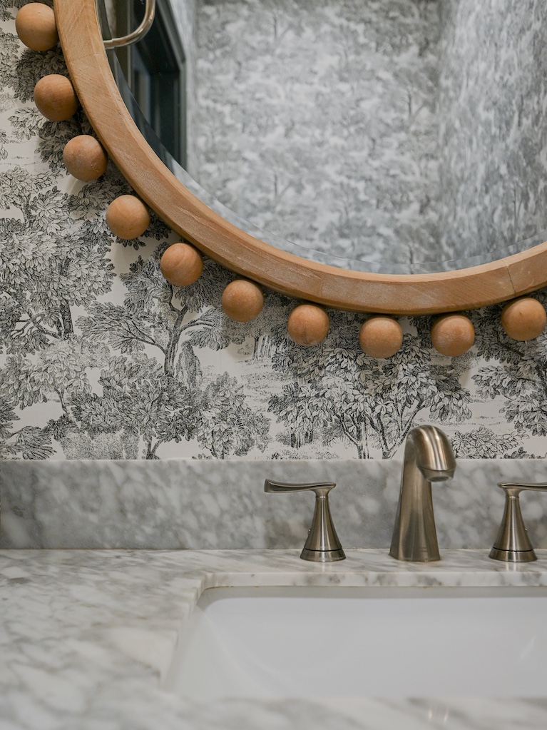 Wood mirror for powder bath with classic hardware